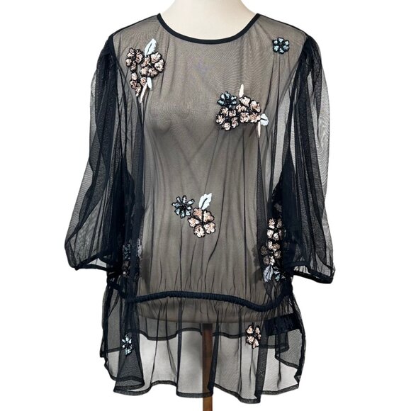 Anthropologie Plus NWT Embellished Black Floral Sheer Mesh Top Size 3X - Picture 2 of 15